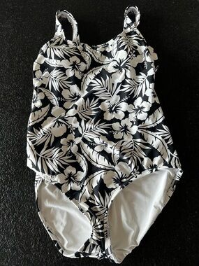 Lands' End Black & White Tropical Floral One-Piece Swimsuit - Girls